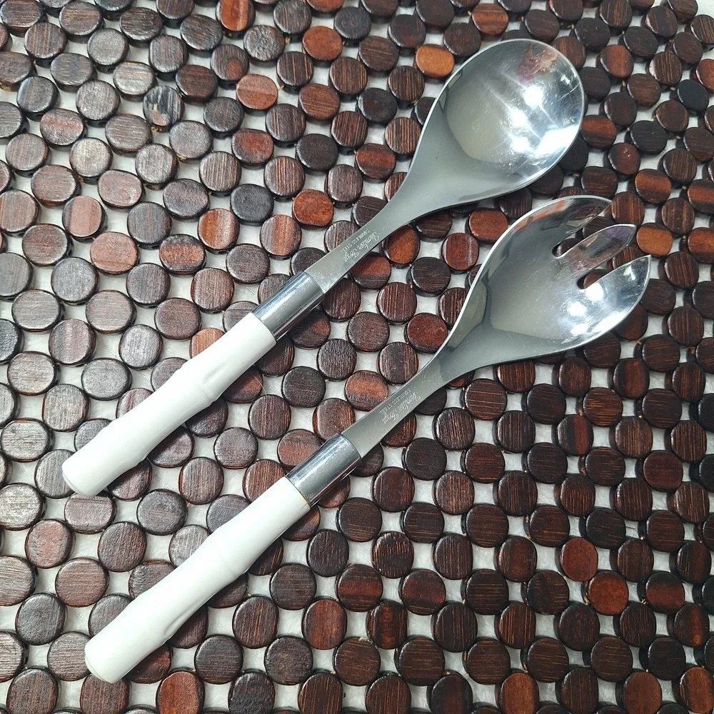 Vtg Frontier Forge 2Pc Stainless Steel Bamboo Style Serving Spoon Sald Fork Japa